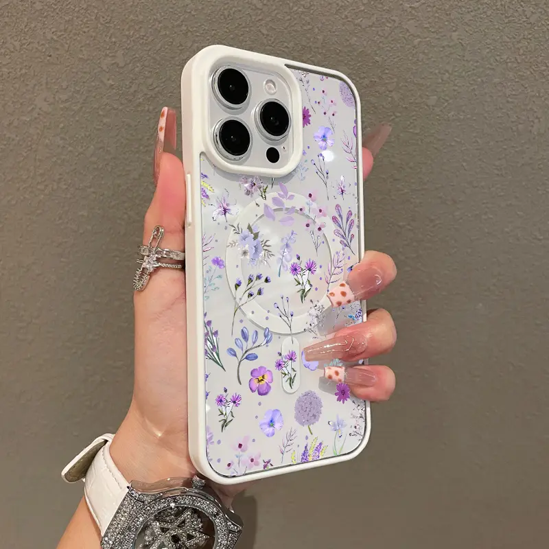 Magnetic Stylish Case for iPhone 17 16 E Pro Max 15 Plus 14 13 12 11 XS XR, Purple Floral Mix Aesthetic | Shockproof, Silicone, Lightweight, Girly, and Scratch Resistant Protection