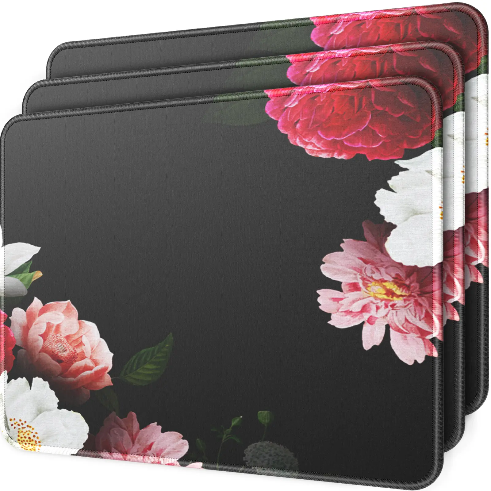 MROCO 3-Pack Black Flower Gaming Mouse Pads, 30% Larger 8.5x11in Surface, Anti-Fray Stitched Edges, Non-Slip Rubber Base, Stylish Pattern, Office & Home Use Value Set, Gaming Mousepad