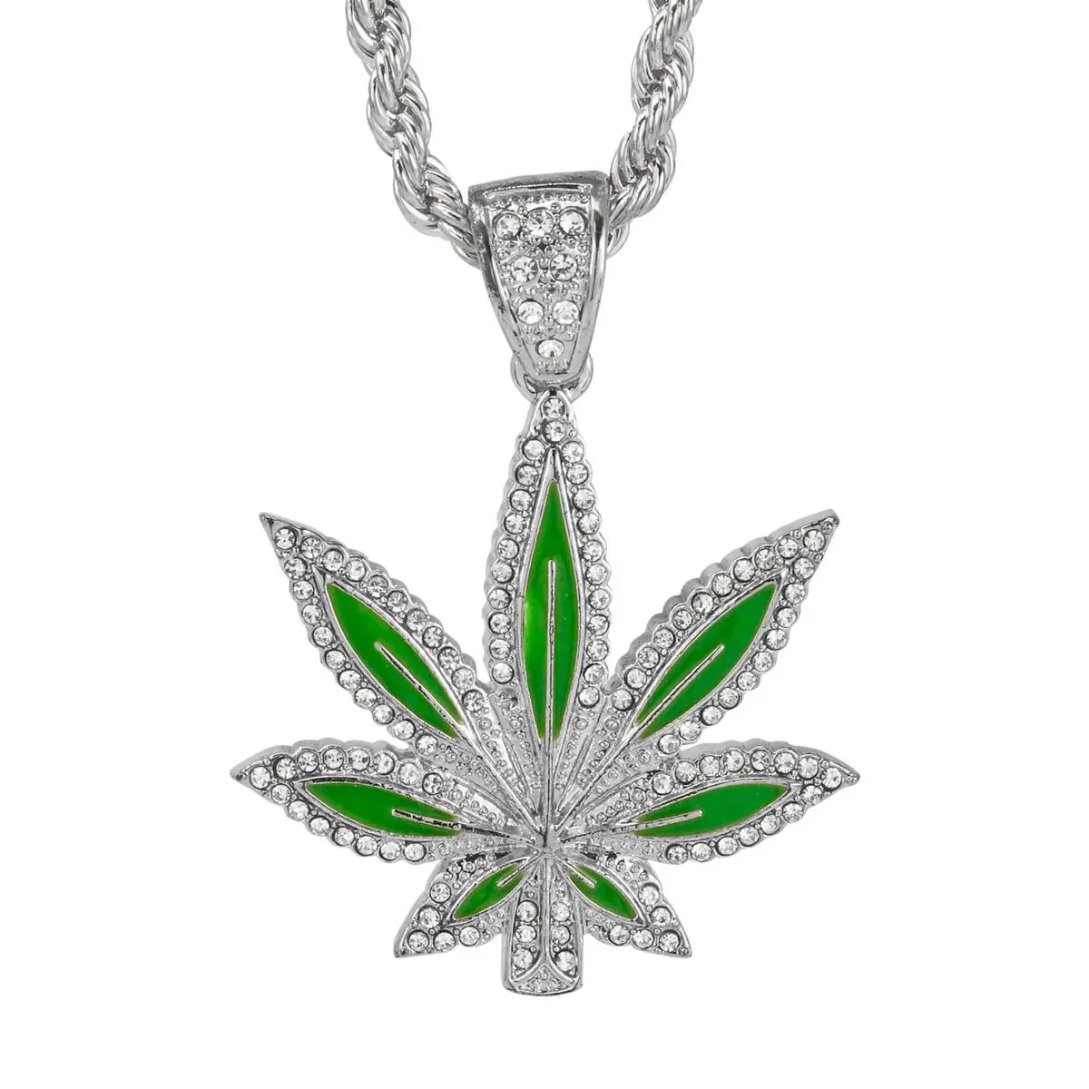 MaxBling81 Unisex Hip-Hop Iced Weed Leaf Pendant Necklace - High Polish Metal Coating, 8mm 24in Rope Chain, Silver Rope Chain/Gold Options, 50mm Size, for Casual Daily Wear, Celebrity Style