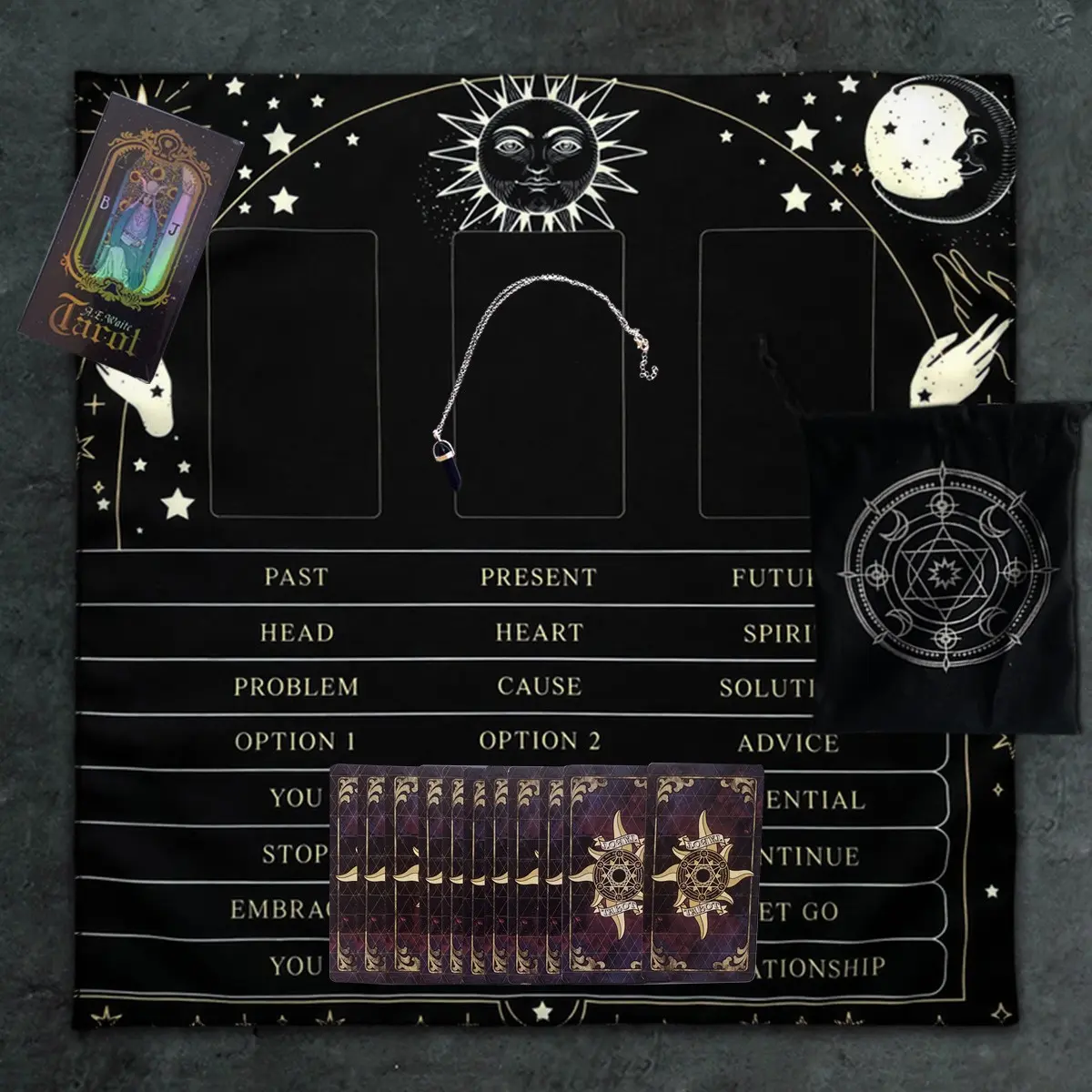 4PC Tarot Card Reading Set - A complete set for Tarot scholars for the Tarot Astrology Kit, consisting of 1 set of 78 Tarot cards, 1 polyester drawstring bag, 1 tablecloth, 1 pendant, and a party supplies set.