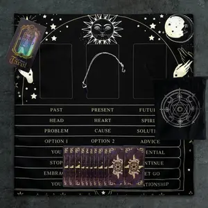 4PC Tarot Card Reading Set - A complete set for Tarot scholars for the Tarot Astrology Kit, consisting of 1 set of 78 Tarot cards, 1 polyester drawstring bag, 1 tablecloth, 1 pendant, and a party supplies set.