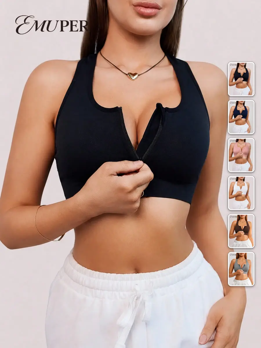 Sports Bra Zippered Seamless With Removable Pads Workout Gym Activewear