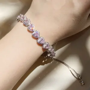 Sparkling princess pink jewel bracelet original design golden plated zircon luminous heart bracelet necklace