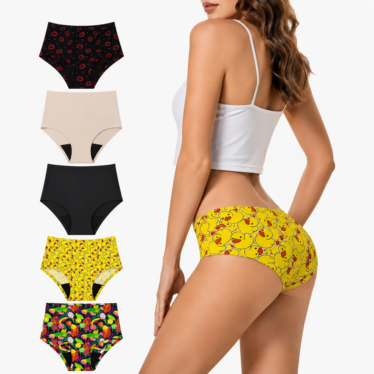 5pcs Women's Period Panties  – Designed for heavy flow; stretchy, body-hugging fit; available in high-waisted and mid-waisted styles.
