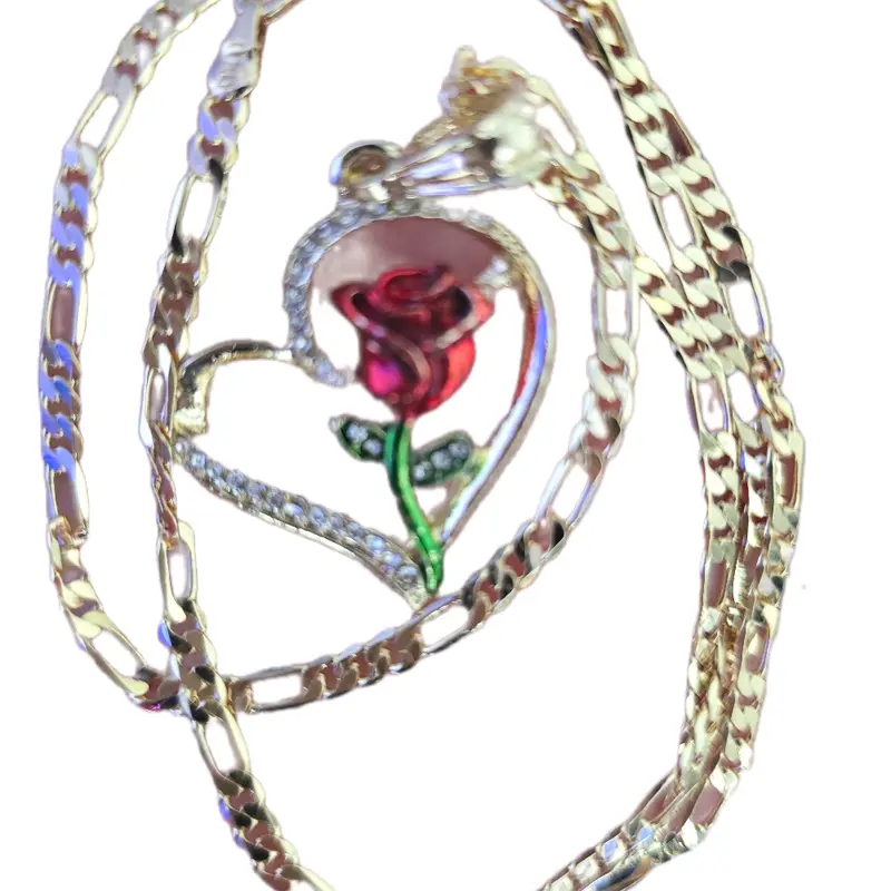 Necklaces 1 Corazon Red with Red Rose 1.5" Heart Pendant Gold Plated 50cm Chain Elegant Jewelry Accessory