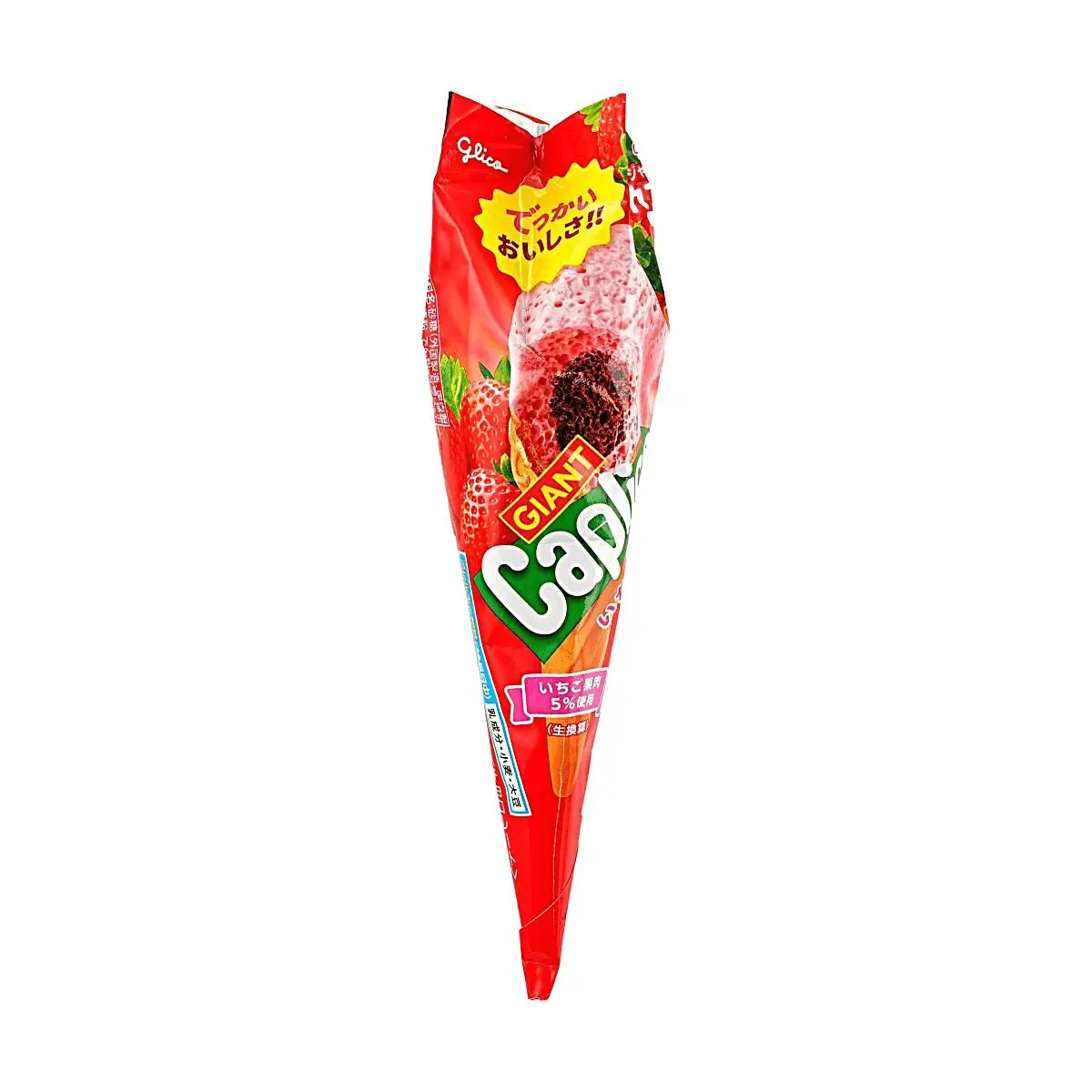 Glico Giant Caplico Ice Cream Cone Strawberry 34g - Crispy Wafer Snack with Real Strawberry Pieces