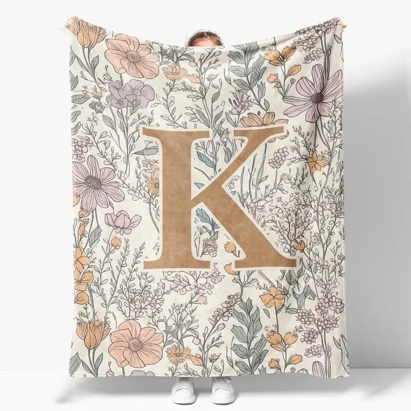 Throw Blanket Initial Letter K Personalized Monogrammed Gifts For Women Teen Girls Flannel Boho Floral For Bed Sofa Living Room Office Cozy Velvety Comfort