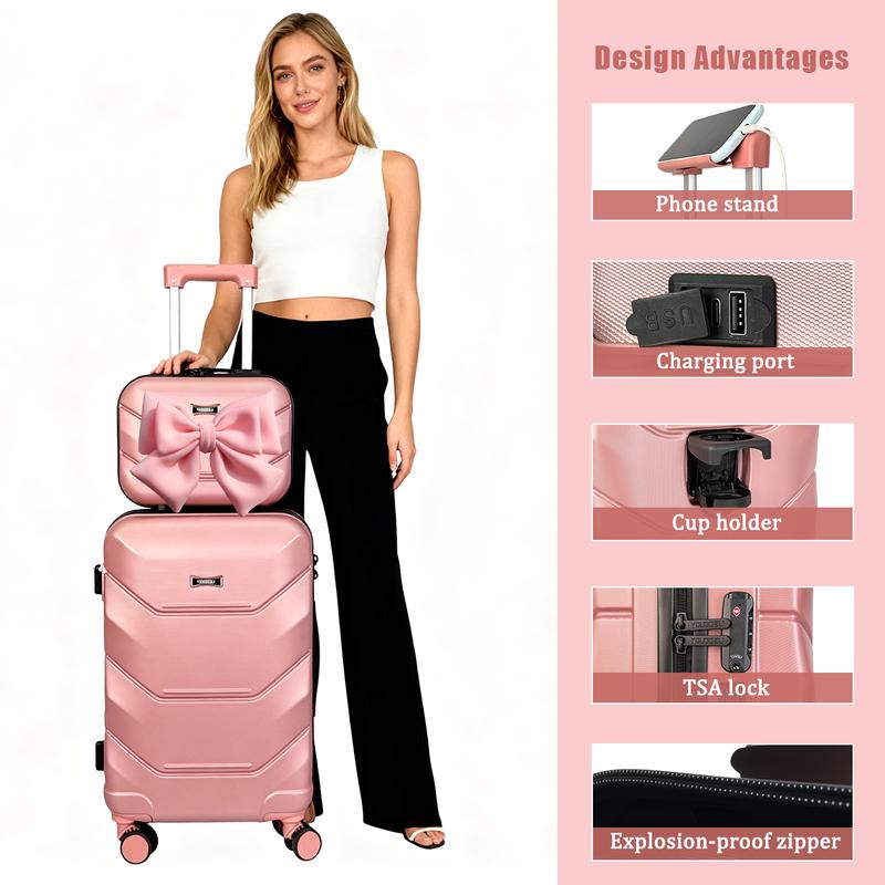 Upgraded Luggage Set Cute Aesthetic Bow Design Carry-On Suitcase 13''+20'' Set No Check-In Needed Built-In Cup Holder Hooks TSA Lock Swivel Wheels Anti-Burst Zipper Phone Holder Essential Travel Must-Have New Year Gifts