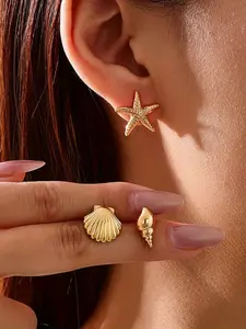 3 Pairs Elegant Metal Shell Snail Stud Earrings Jewelry Set, Four Seasons Beach Style Jewelry, Simple Design for Women, Perfect for Vacation