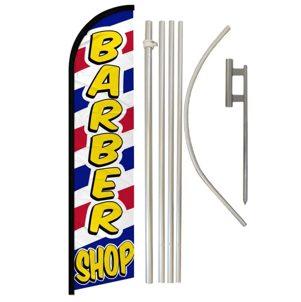 16 ft Tall Windless Barbers Outdoor Banners & Aluminum-Steel Pole Complete Kit, Large-Size Wear-Resistant Polyester Backdrop with Curved Sleeve, Super Flag Party Decoration for Wedding, Western Events