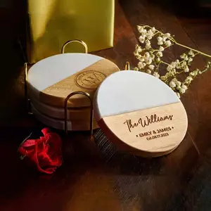 Custom Engraved Marble Wood Coasters, Housewarming Gift, Wedding Gift, Personalized Valentines Couple Gift, Engagement Gift, Gift for Her