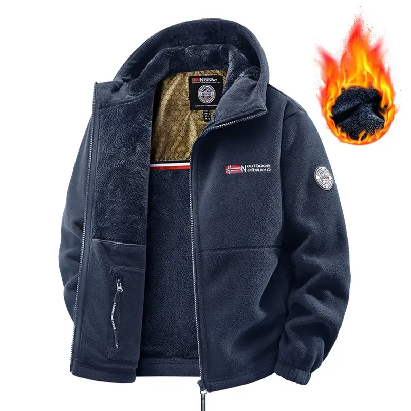 Men's Hooded Casual Fleece Jacket Full Zipper Design Embroidered Letter Outdoor Norway Logo Warm Plush Lined Comfortable Knit Fabric Autumn Winter Daily Casual Outings Light Outdoor Activities Stylish Regular Fit Men’s Cold Weather Outerwear