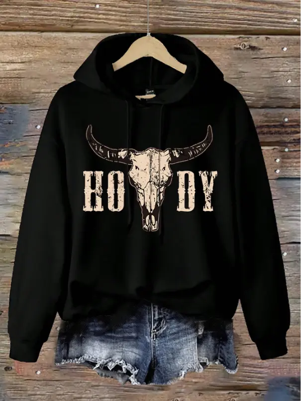 Casual Minimalist Western Cowboy Bull Head Print Loose Fit Hooded Thick Sweatshirt For Women, Winter