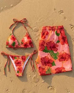 (Sale up 50%) Matching Couple Swimwear Tropical Hibiscus, His and Hers Summer Outfits, Navy Floral Bikini and Men's Swim Trunks, Honeymoon Beachwear Gift