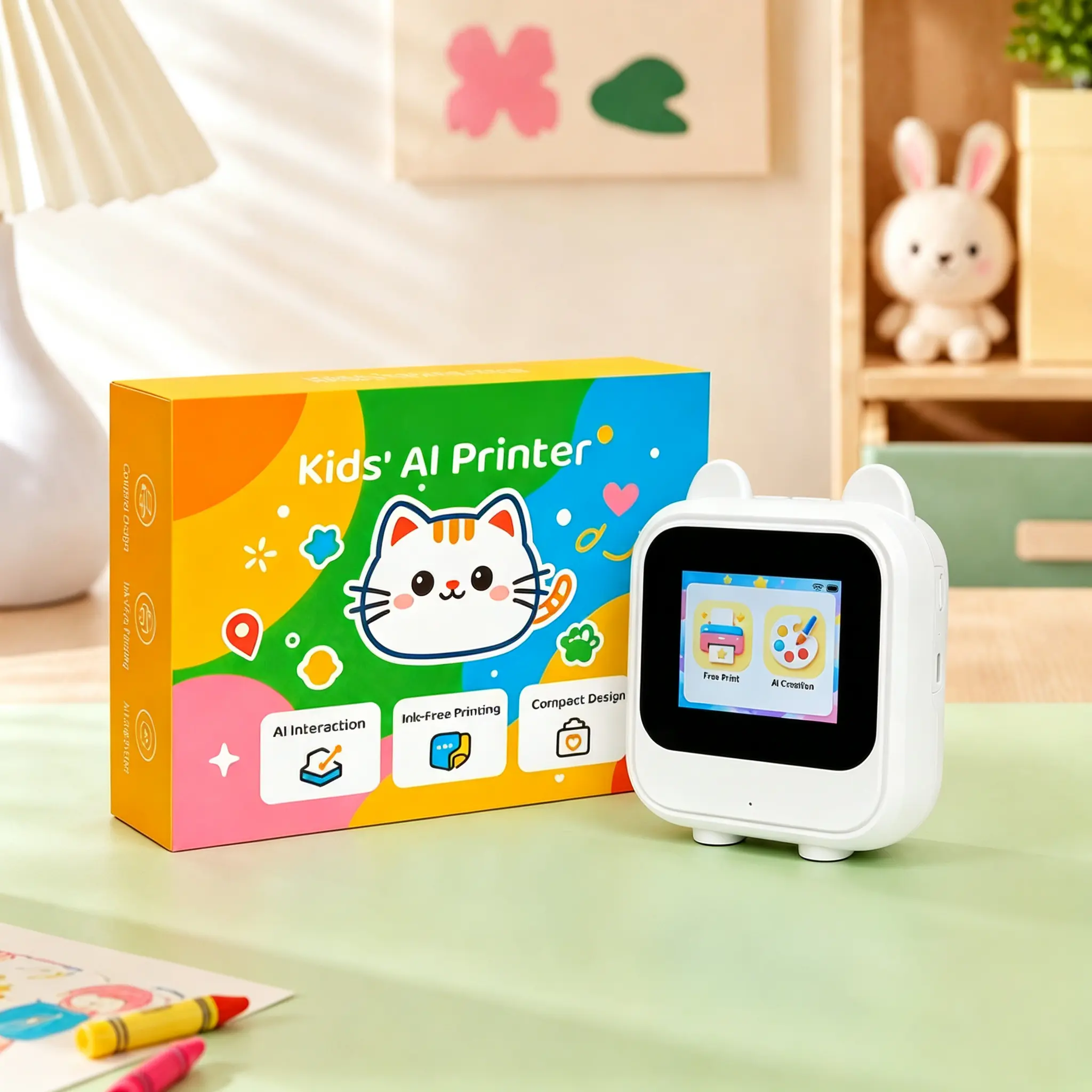 AI Voice Printer for Kids, Smart Drawing Printer with AI Picture Creation, Inkless Thermal Printing Machine with HD Screen, Creative DIY Craft Toy Gift for Kids, Comes with Bonus 8 Paper Rolls, 12 Pens and Carry Lanyard