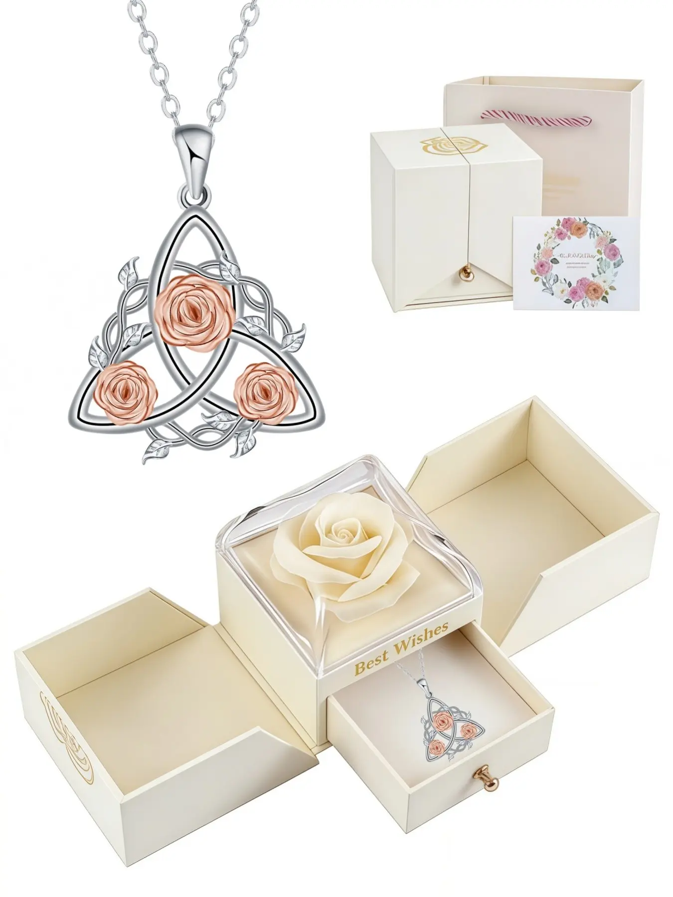 Rose Heart Celtic Spark Necklace Unique triangle Celtic knot & rose design necklace, paired with a double-door preserved rose jewelry gift box, ideal gift for birthdays, Mother's Day, Valentine's Day, Exquisite jewelry gift
