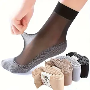 10 Pairs Elastic Thin Stockings |   Women'S Transparent Ultra-Thin Mesh Anti-Slip Socks, Mixed Color Solid Pattern, Fabric, Suitable for Summer