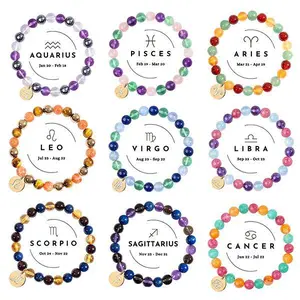 12 Zodiac Sign Constellation Crystal Bracelet | 8mm Astrology Bracelet for Aries, Taurus, Gemini, Cancer, Leo, Virgo, Libra, Scorpio, Sagittarius, Capricorn, Aquarius, Pisces | Healing Jewelry Gift for Women & Men | Best Friend Gift