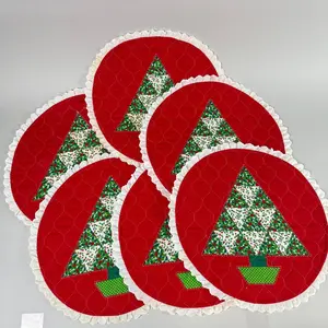 Set of 6 Round Christmas Placemats Quilted Red Green Holly Tree Ruffled Edge Festive Holiday Table Decor