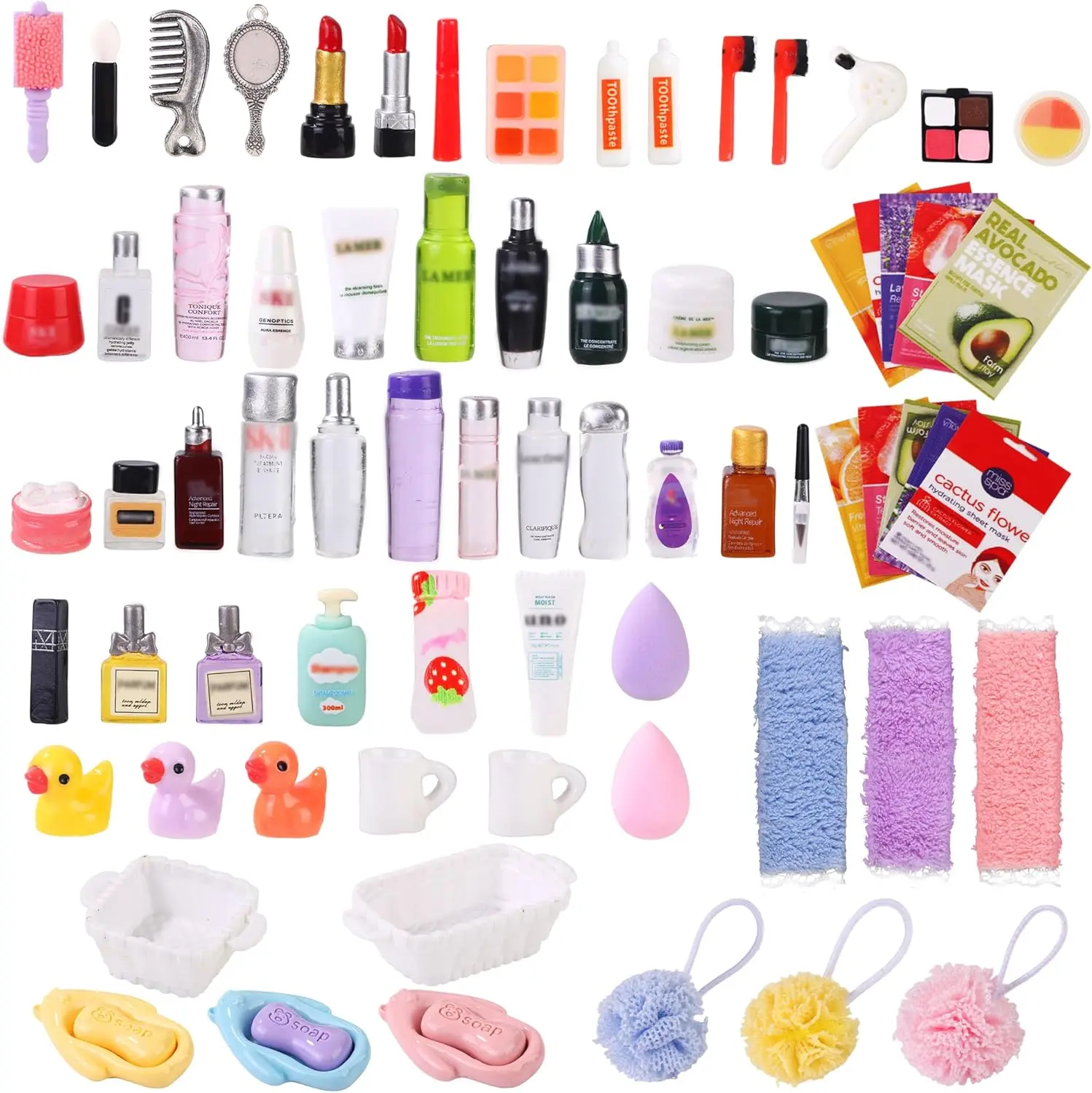 75Pcs Dollhouse Miniature Bathroom Accessories Set with Jewelry Storage Case, Makeup Kit, Towel, Toothbrush, Shampoo, Perfume & Cosmetic Figurines for DIY Miniature Dollhouse Decor