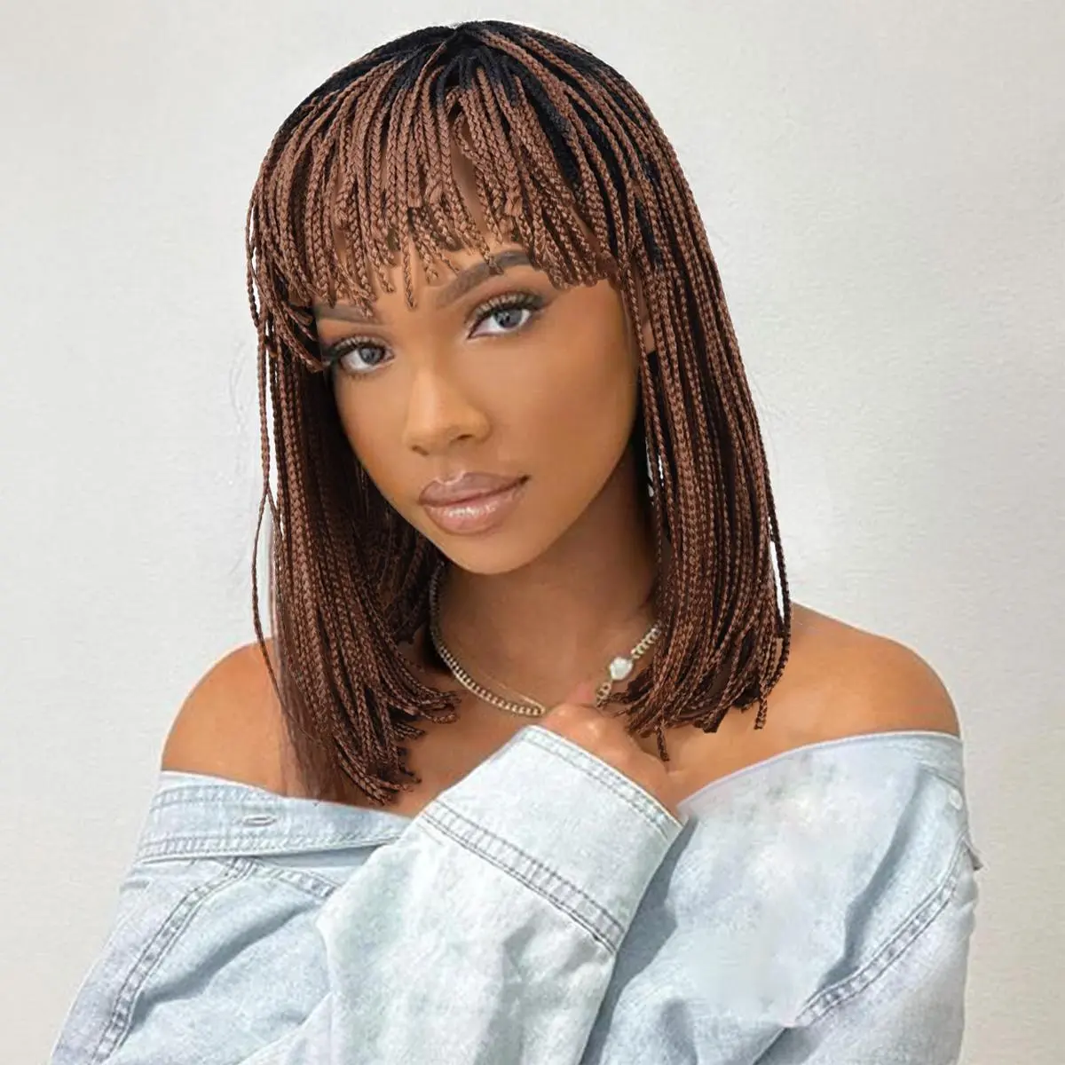Summervibes 14 Inch Ombre Brown Braid Wig With Bangs Synthetic Medium Box Braids For Women Straight Short Bob Daily Use Curly Faux Locs Double Lace Frontal Glueless Afro Kinky Hand Tied Wig Convenient Wigs