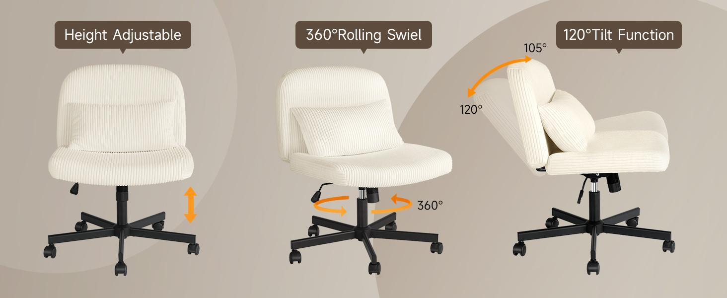 【Massage & Cozy Cushion】ONBRILL Criss Cross Chair with Wheels, Massage Cross Legged Office Chair with Double Layer Sponge Cushion, Corduroy Wide Armless Office Desk Chair Mid Back Swivel Vanity Chair for Home Office, Bedroom Furniture