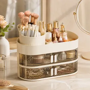 360° Rotating Makeup Brush Holder Organizer, Spinning Cosmetic Storage Cup, Divided Vanity Desktop Display for Brushes & Eyebrow Pencils