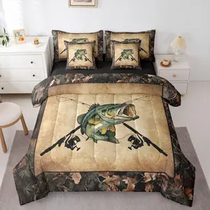 Camo Fishing Bed in A Bag 7 Piece Bass Fish Fishing Rod Comforter Set with Sheets Rustic Pike Fish Bedding Set,for Kids Adults,Fisherman Bed Set