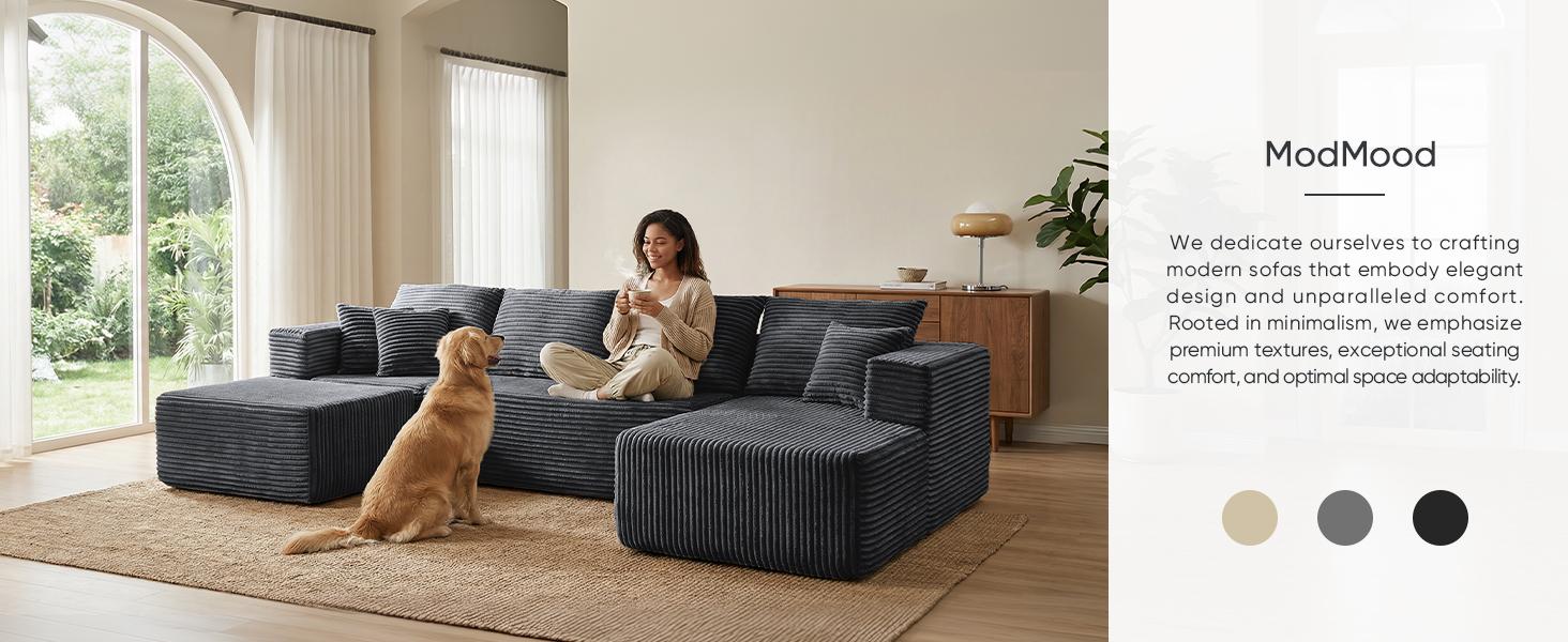 ModMood Compress Sofa Sectional 133x70" Oversized Corduroy Cloud Couch U-Shaped Modular Set with Chaise Ottoman 7 Pillows No Assembly Required Soft Plush Modern Modular Living Room Essential