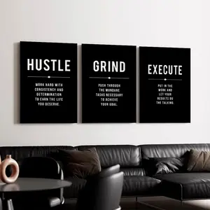 Motivational 3 Piece Set Wall Art Poster, Hustle Grind Execute Prints, Minimalist Office Decor, Printable Inspirational Poster
