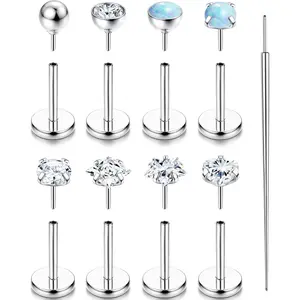 ZELORES 9PCS Push in Flat Back Earrings 316L Surgical Steel Threadless Conch Tragus Helix Body Piercing Jewelry Hypoallergenic Tiny Opal CZ Cartilage Earrings Stud for Women 16G 18G