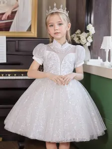 Elegant Girls' Bubble Sleeve Dress with Fake Pearls and Bow Front, Layered Mesh Tutu Skirt, Floral Design Party Gown, Princess Dress