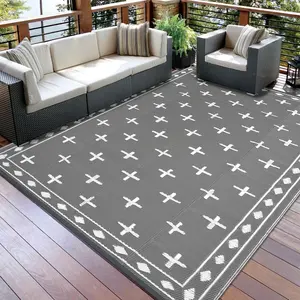 Outdoor Striped Mats Modern Geometric Woven Plastic Straw Rug Grey Low Pile Large Area Rugs for Camping Garden Backyard Easy Care Portable Carpet 10x14ft