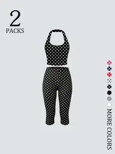Women's 2 Pack Polka Dot Workout Set, Halter Crop Tank & High Waist Capri Leggings, Tummy Control Yoga Outfit, Butt Lifting Activewear for Gym Casual
