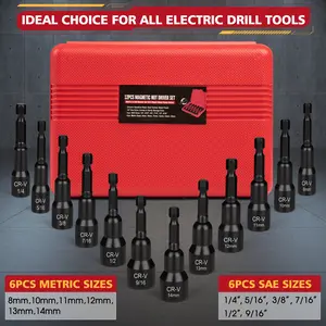 12/15-Piece Magnetic Nut Driver Set CR-V Steel Impact Power Hex Drill Bit Master Kit SAE Metric Sizes 1/4" Quick Install Release Case for All Electric Drill Tools