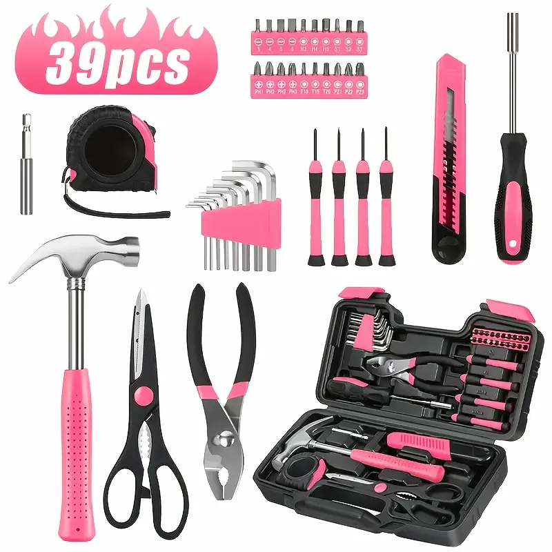 39pcs Pink Tool Kit | Includes Screwdriver, Utility Knife, Scissors, Tape Measure, Hammer, Internal Hex Wrench, Pliers | Suitable for Home, Garage, Garden, Office, College Dormitory | Ideal for Women