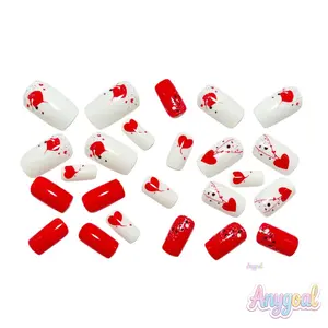 24PCS Valentine's Press On Nails, Short Square Red White Fake Nails, Glossy Heart Design False Nails, 24Pcs Full Cover Acrylic Nails, Easy Application for Holiday Parties and Date Night & Everyday Wear