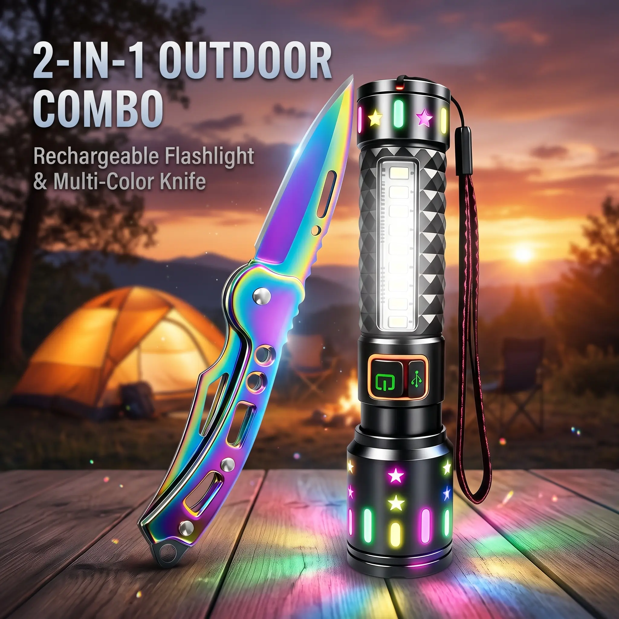 2-in-1 Outdoor Combo Set - USB-C Rechargeable Aluminum Alloy 5-Mode Flashlight, Rainbow Coated EDC Pocket Knives, Storage Box Included, Portable Everyday Carry Gear, Cool Gift for Men, Camping Hiking Use