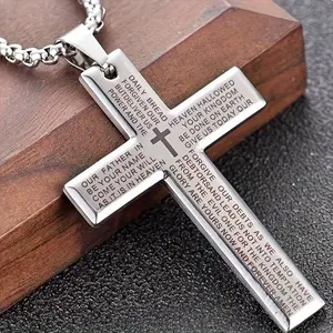 1Pcs Men's Heavy-Duty Cross Pendant Necklace - Religious Symbol, Low-Allergy Metal Chain, Scripture-Engravable Name/Date, Church & Casual Attire, Year-Round Gift for & Men