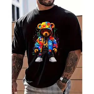 Men's Bear Print Round Neck Tee, Regular Fit Casual Short Sleeve T-shirt, Men's Summer Top for Daily Wear,Men's Solid Color Crewneck Tee for Gym & Casual
