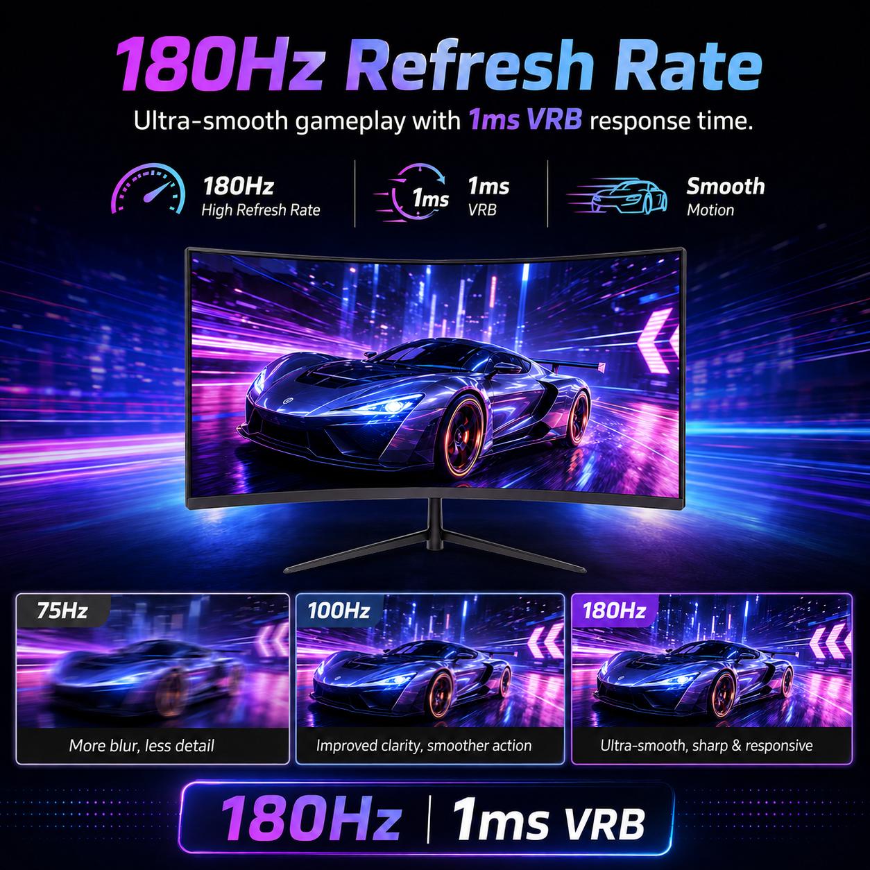 Rehisk 24" Curved Gaming Monitor – 180Hz, 1ms, FHD, FreeSync, Ultra-Slim, HDMI/DP, VESA Ready