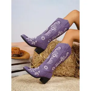 Elegant Embroidered Western Cowboy Boots, Mid-Calf Wide Heel Jeans Boots for Women, Plus Size Fashionable Ladies’ Footwear