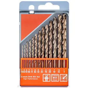 13 count Cobalt Drill Bit Set M35 HSS Twist Drill Bits 1/16"-1/4" for Hardened Metal, Stainless Steel, Cast Iron, Plastic and