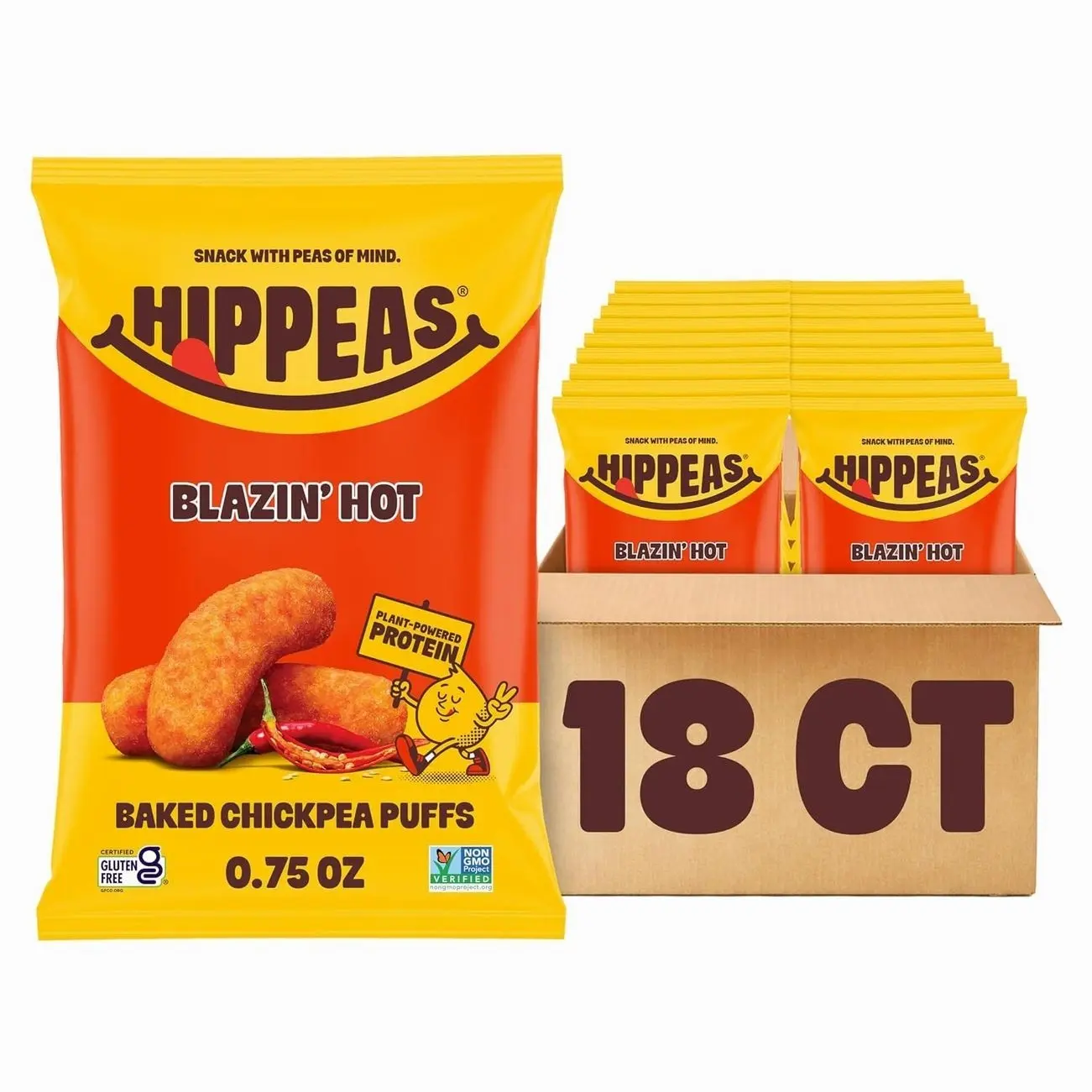 Hippeas Chickpea Puffs, Blazin' Hot, 18 x 0.75 oz Bags, Baked Crunchy Chickpea Snacks with 3g Plant Protein, 2g Fiber & 40% Less Fat, Dairy & Gluten Free, Non-GMO, Top 9 Allergen Free
