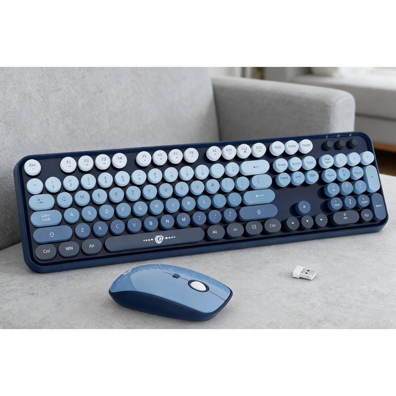 Wireless Keyboard and Mouse Combo 2.4G Full Size Cute Colorful Mouse with 104 Round Keys Retro Typewriter Keyboard for Laptop Windows PC Blue Gradient