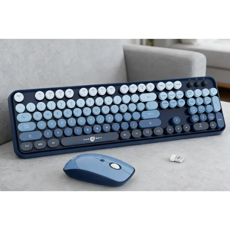 Wireless Keyboard and Mouse Combo 2.4G Full Size Cute Colorful Mouse with 104 Round Keys Retro Typewriter Keyboard for Laptop Windows PC Blue Gradient