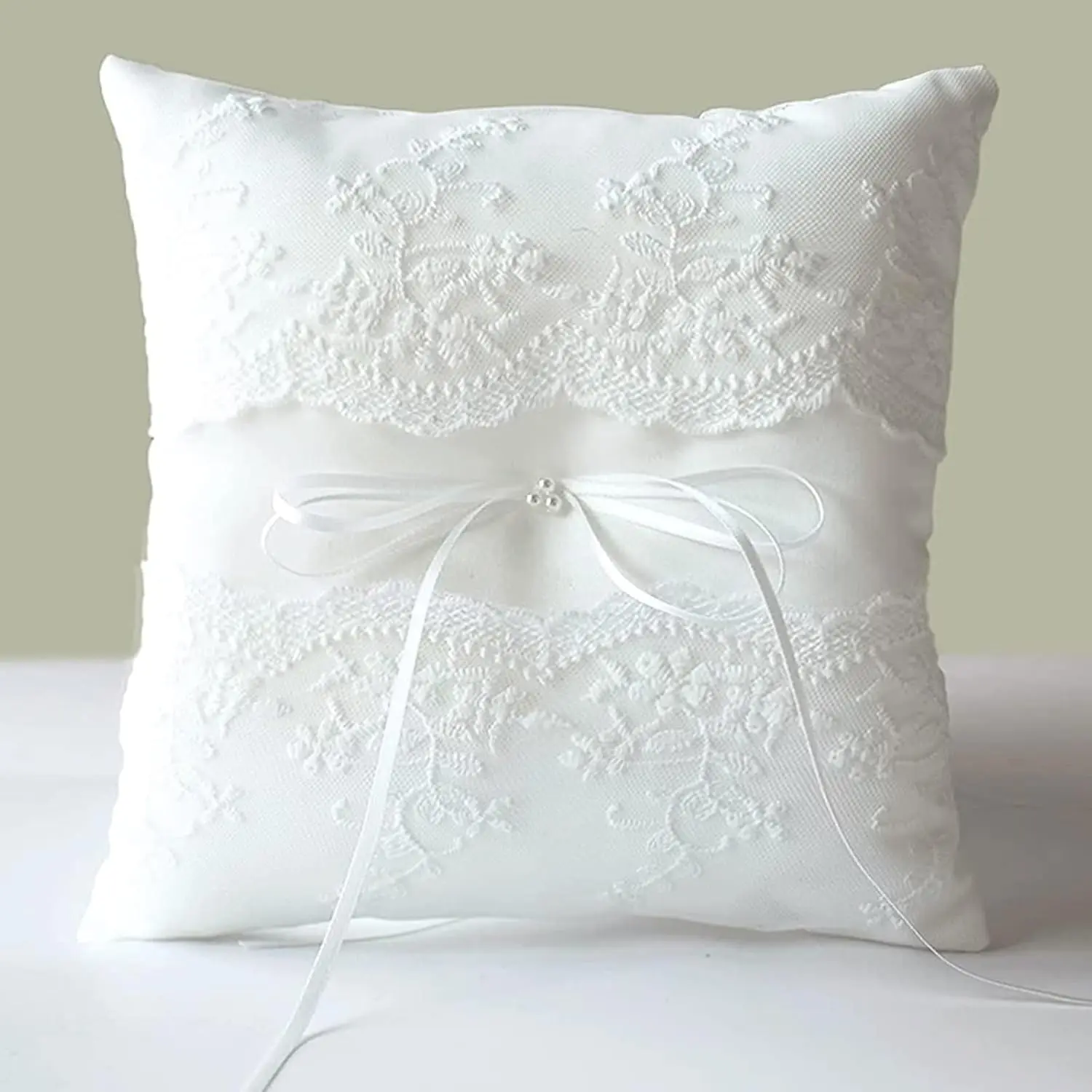 Classic Ivory Lace Pearl Wedding Ring Pillow with Ribbon Belt - Elegant Ring Holder for Wedding Ceremony