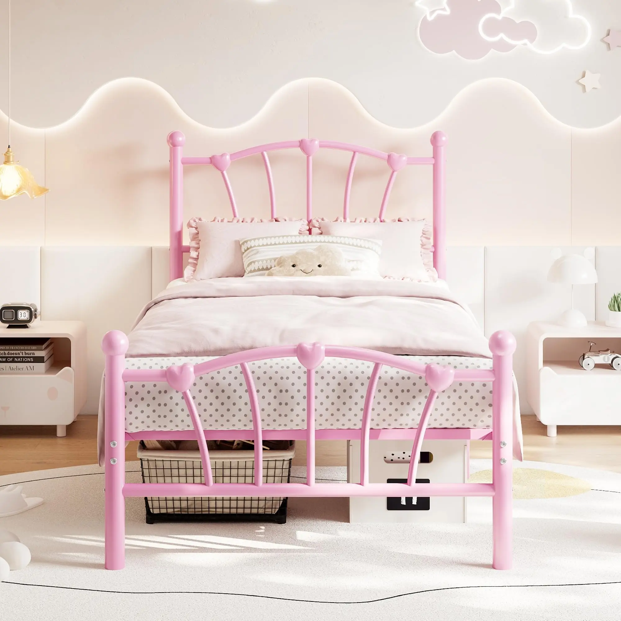 YJ-Garvee Twin XL Pink Heart Shaped Metal Bed Frame with Headboard and Footboard, Platform Design with Sturdy Slat Support, Underbed Storage Space, No Box Spring Needed
