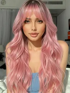 Fashionable New 28 Inch Long Wavy Pink Wigs with Bangs and Dark Roots, Synthetic Women's Wigs Suitable for Life, Dance Parties or Cosplay Taking Photos, Wavy Synthetic Hairpiece, Synthetic Material Wigs