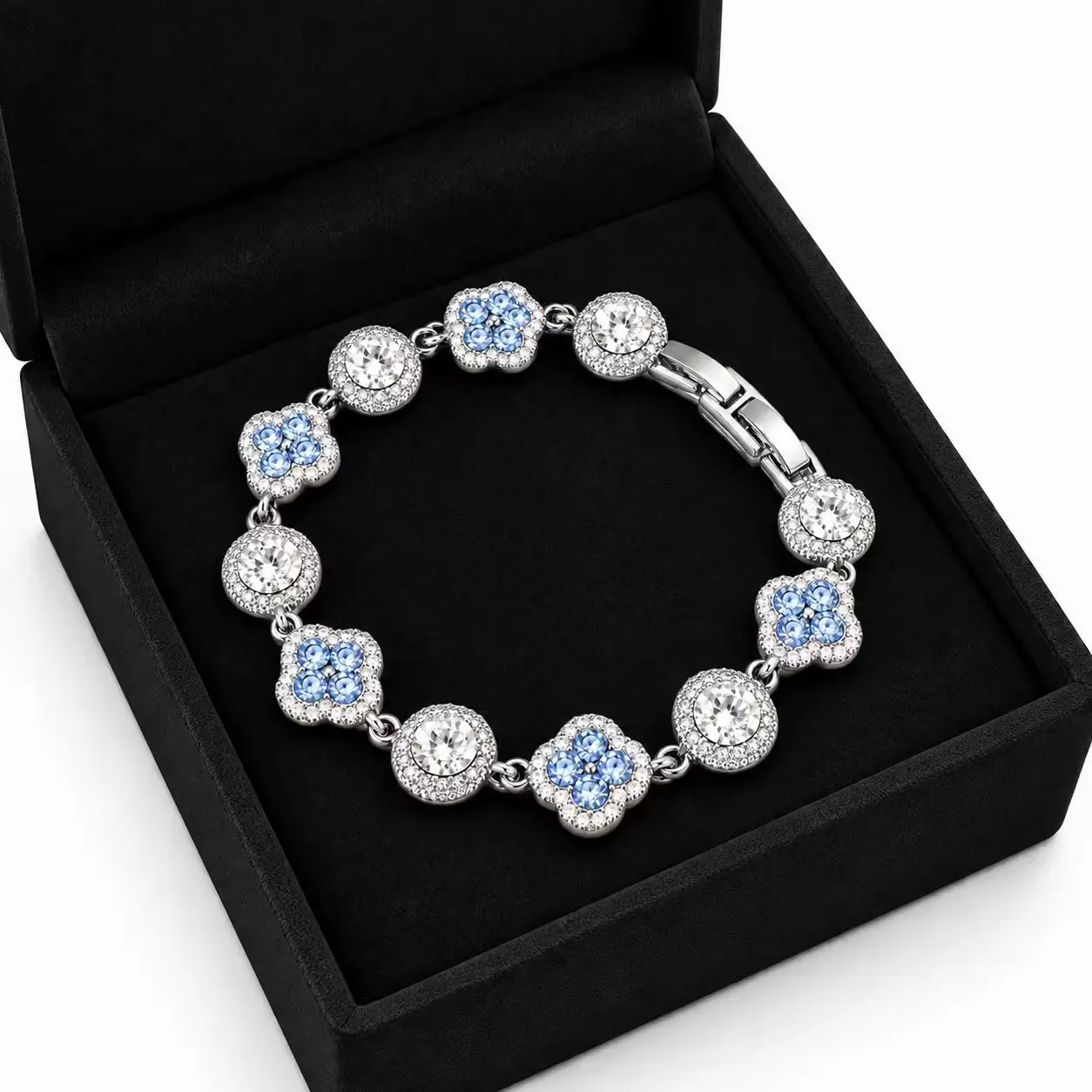 Women's Silver-Tone 4-Leaf Clover Bracelet - Blue & Clear Cubic Zirconia Crystal Link Bracelet, Elegant Wedding Party Costume Jewelry Gift